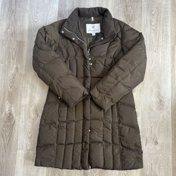 Eddie Bauer Womens Large EB650 Down Puffer Jacket Long Brown Quilted Zip Coat - Picture 1 of 11